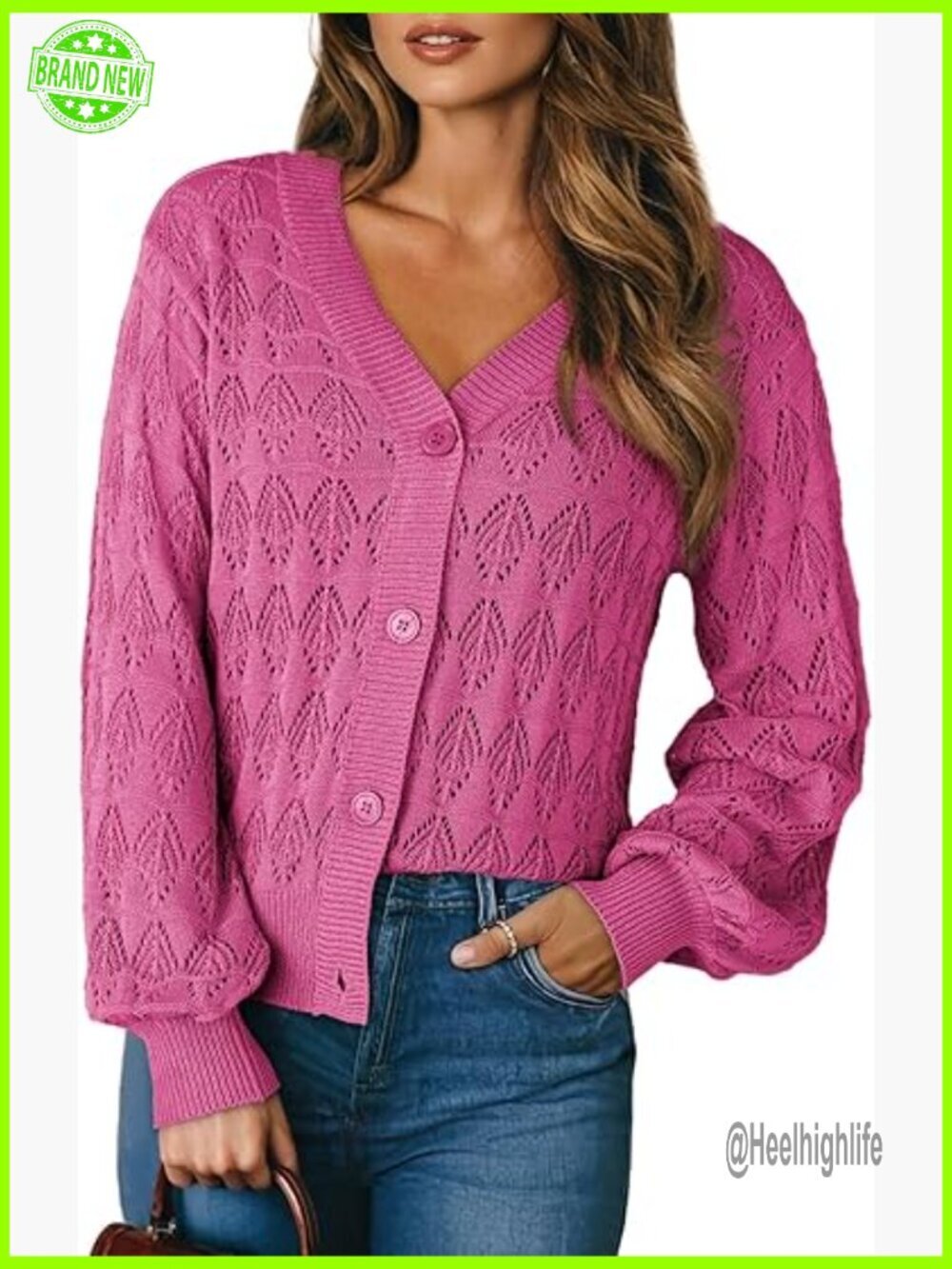 Lightweight Crochet Cardigan Shrug with Puff Sleeves V-Neck Button Closure